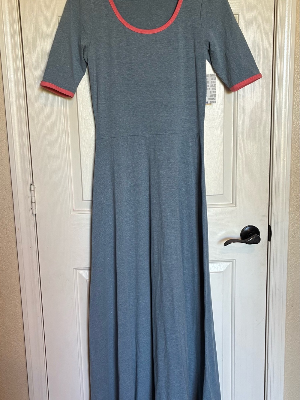 LuLaRoe Scoop Neck Maxi Dress in Heather Blue with Pink Trim